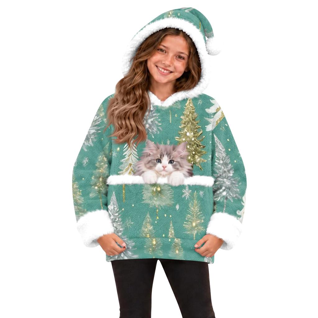 Children's Casual Christmas Tree Print Hooded Top with Large Pet Pocket for Everyday Wear
