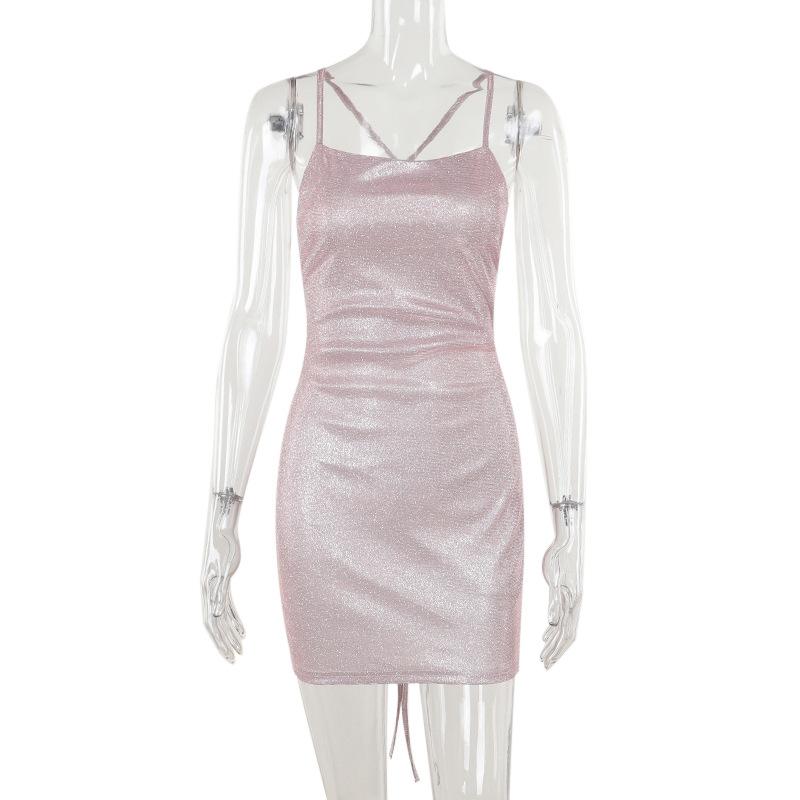 

Короткое платье на осень, модный стиль, сексуальное, облегающее, блестящее, с бретельками-халтер, платье-комбинация L розовый