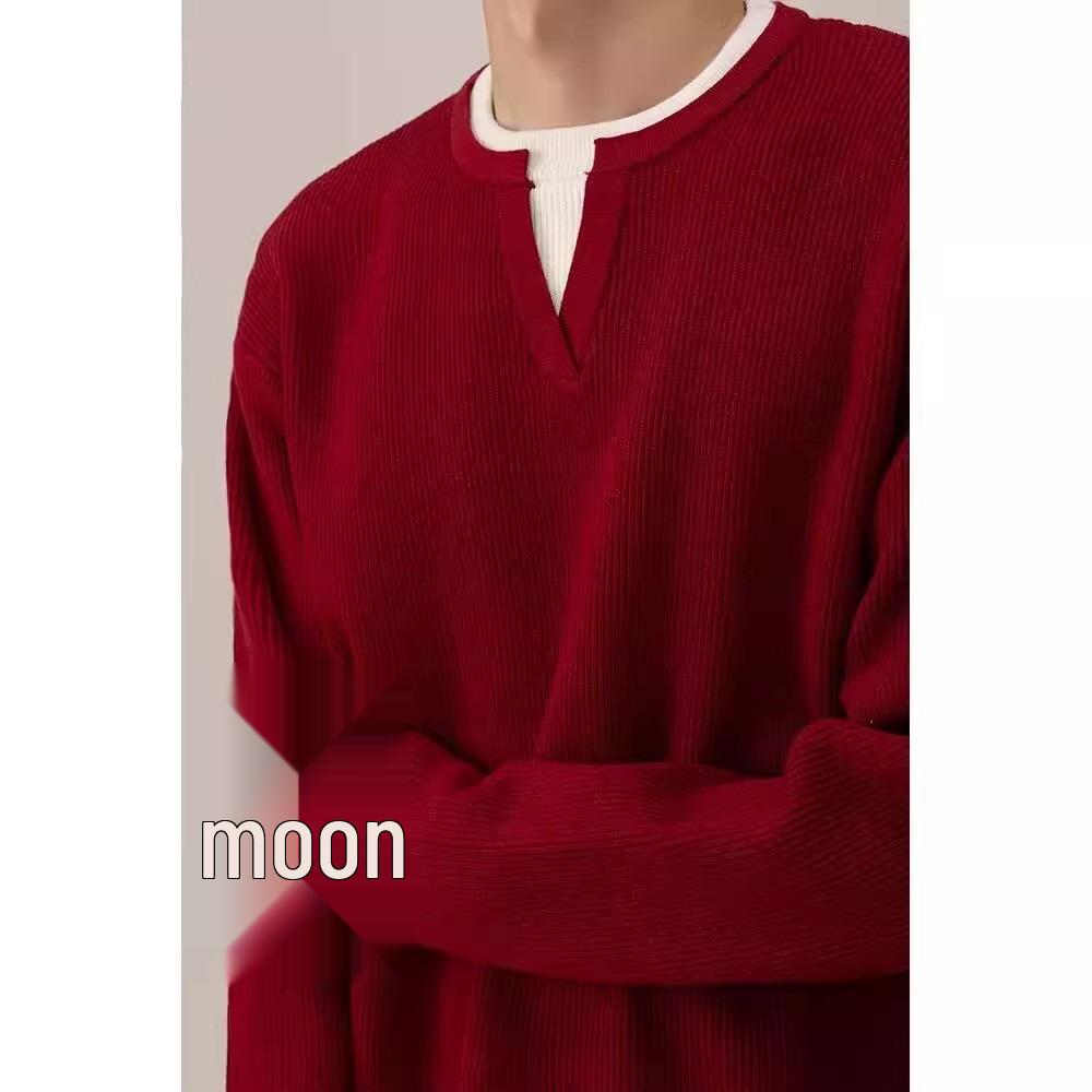 Men's Red V-Neck Sweater: Fake Two-Piece Design, Zodiac Year, Autumn/Winter Knitwear, Versatile Inner/Outer Layer, New Year Style.