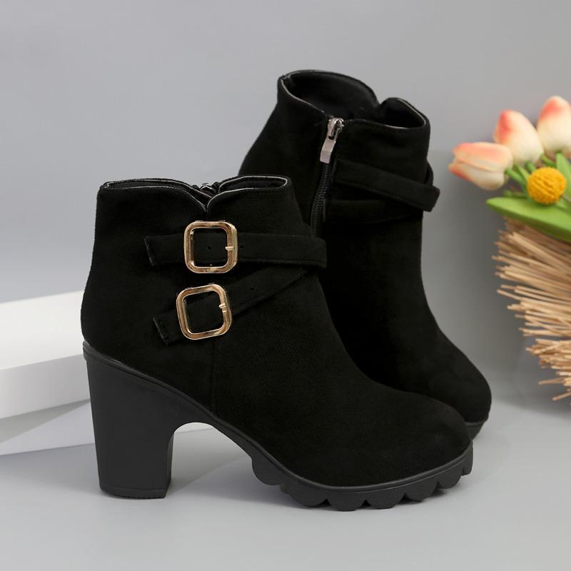Fashion Autumn/Winter Block Heel Boots Women's New Round Toe Bull Suede Metal Buckle Platform Side Zip Non-Slip High Heels