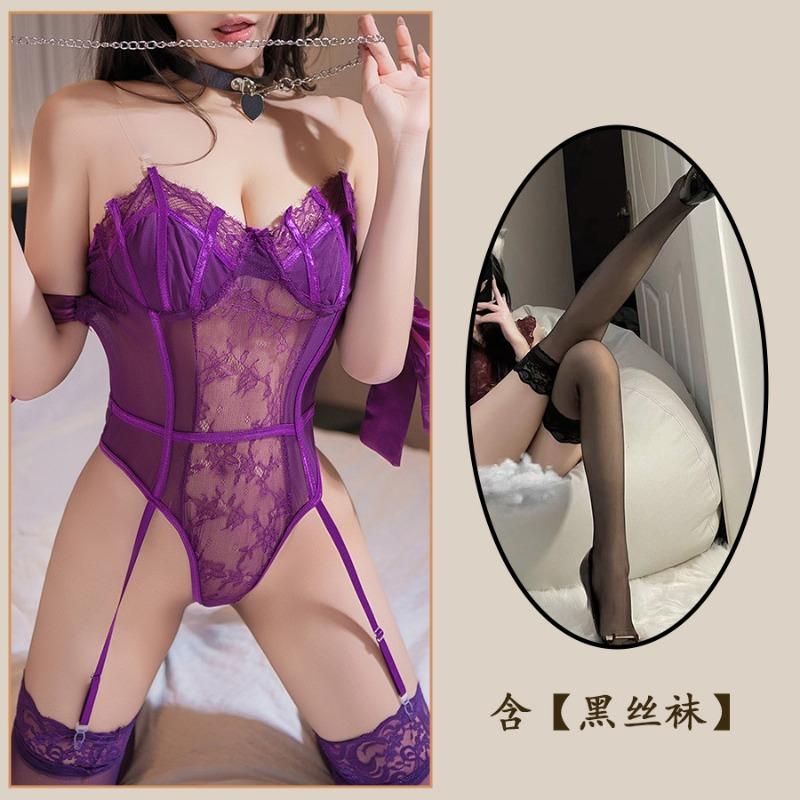 Lace sex perspective suit, sexy bow straps, pure desire, one-word feminine purple onesie women