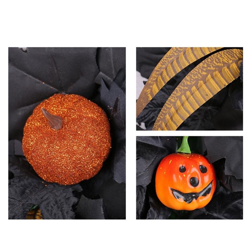 Eerie Season Artificial Black Maple Leaf And Pumpkins Wreath Weather Proof Halloween Door Hanger For Indoor Outdoor Use