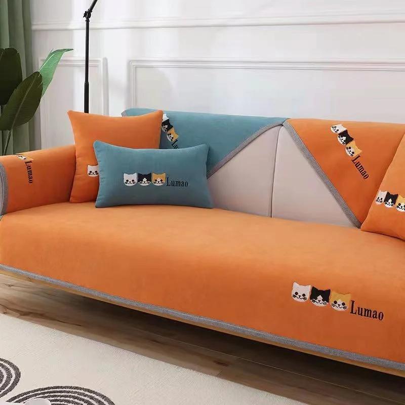 Nordic Cute Cat Print Chenille Sofa Mat Non-slip Sofa Towel Couch Cushion Cover Four Seasons Universal Simple Couch Slipcovers