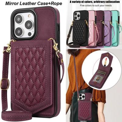 Wallet Lanyard With Mirror Flip Anti Theft Brush Leather Case For Samsung S23 S22 S21 S20Ultra Plus A13 A53 A54/iPhone 15 14Plus 13 12 11Pro Max XSMax