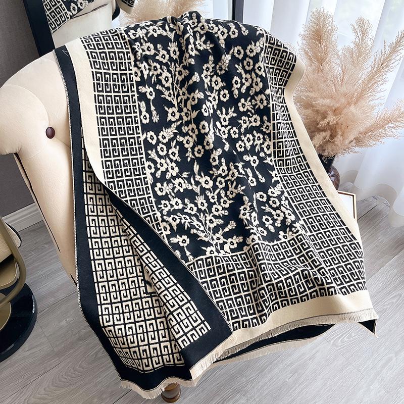Versatile Pattern Printing Double-Sided Imitation Cashmere Scarf Winter High-End Warm Shawl Women