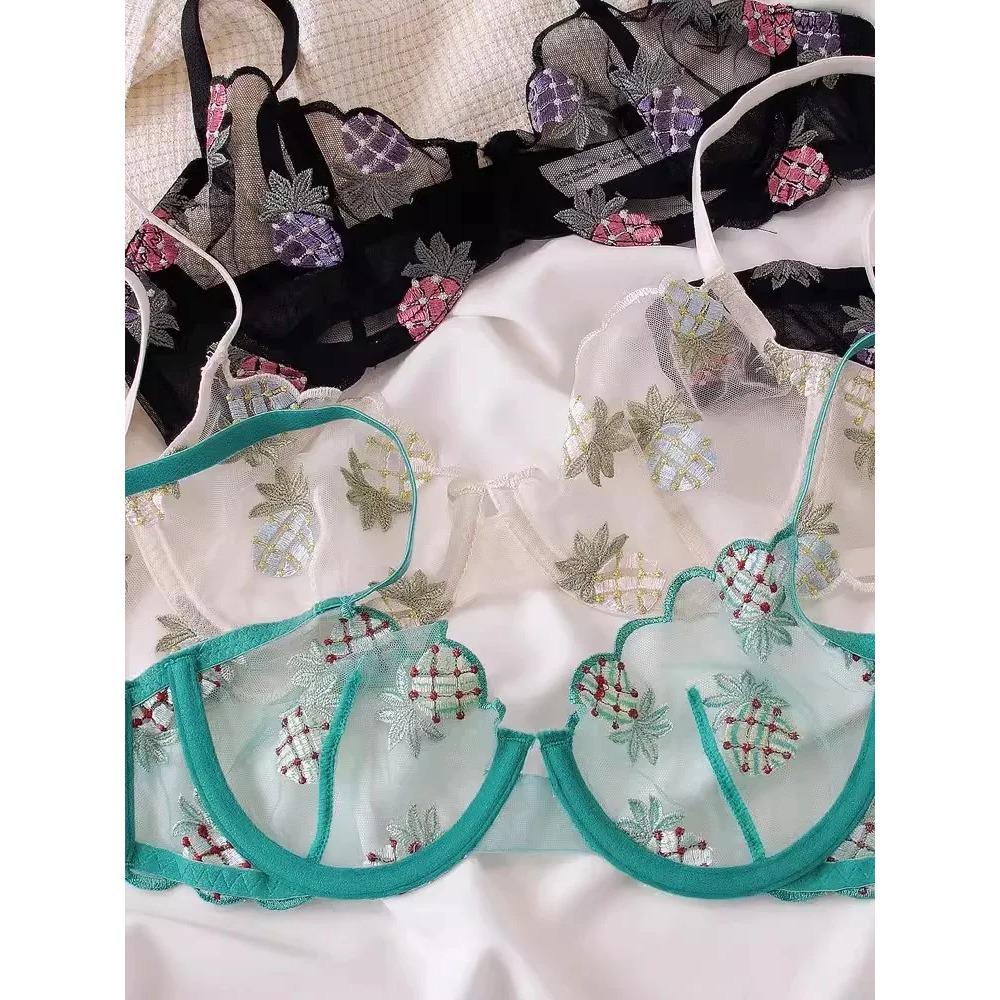 Women Ultra Thin Mesh Pipleneap Embroidery Underwear Sexy Lace Bra Set Fashion French Summer Lingerie Bras and T-back Sets