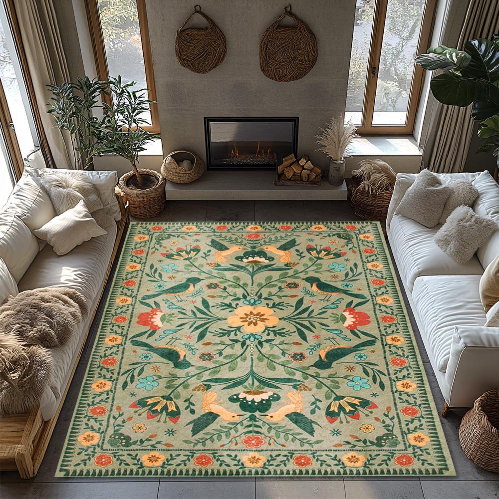 Cream White Floral Bird Rug, Bohemian Garden Pattern Non-Slip Carpet, Colorful Living Room Mat for Home Decor