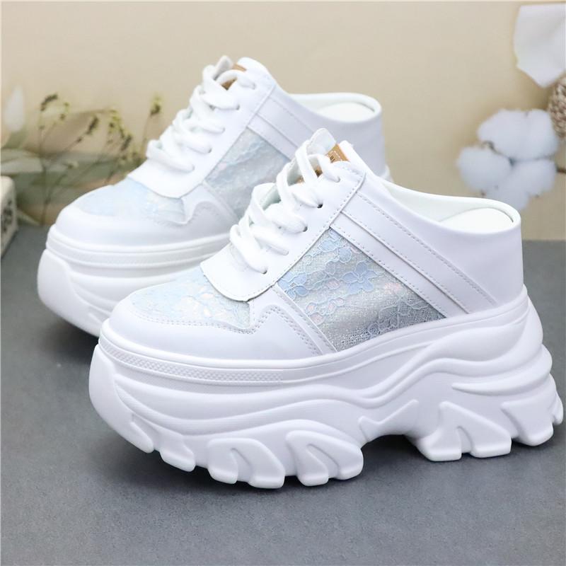 Fashion 12CM Air Mesh Lace Genuine Leather Comfy Platform Wedge Slippers High Brand Breathable Summer Platform Wedge Casual Shoes