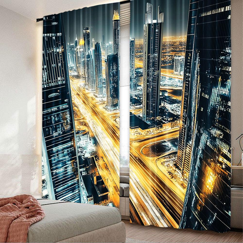 

2Pcs Big City Curtain Chicago City Skylines Building Aerial View Chicago Downtown Usa Urban Evening City For Living Room Bedroom 100*130 Rod Pocket 1pcs
