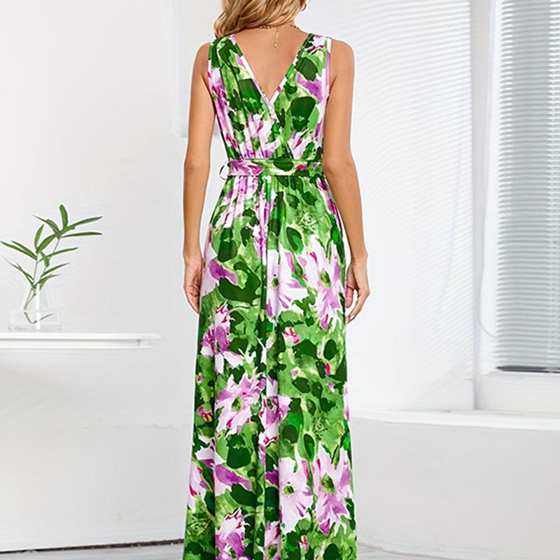 Women Summer Sleeveless V Neck Bohemian Style Flower Printed Waisted High Split Long Dress