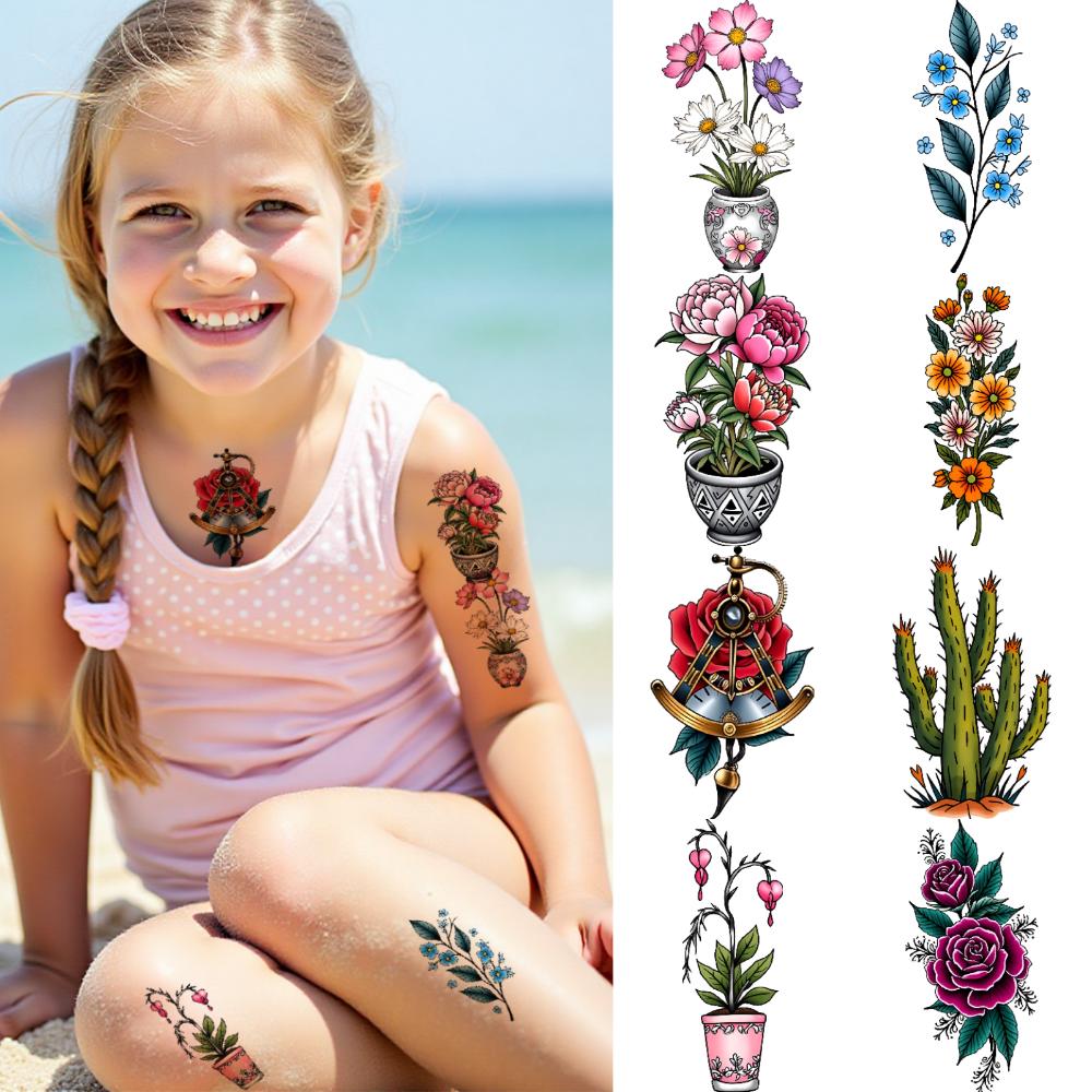 63pcs Temporary Tattoo Flower Tattoos Waterproof Long-lasting Body Stickers Potted Plant Designs Temporary Tattoo Stickers For