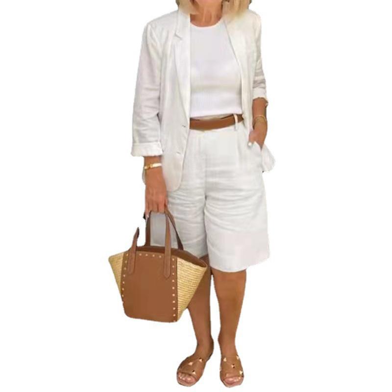 

Женский хлопковый кардиган с топом и шортами, комплект из двух предметов, однотонный повседневный блейзер с лацканами, эластичный пояс, свободные шорты для поездок на работу в стиле Харадзюку, весна и осень M