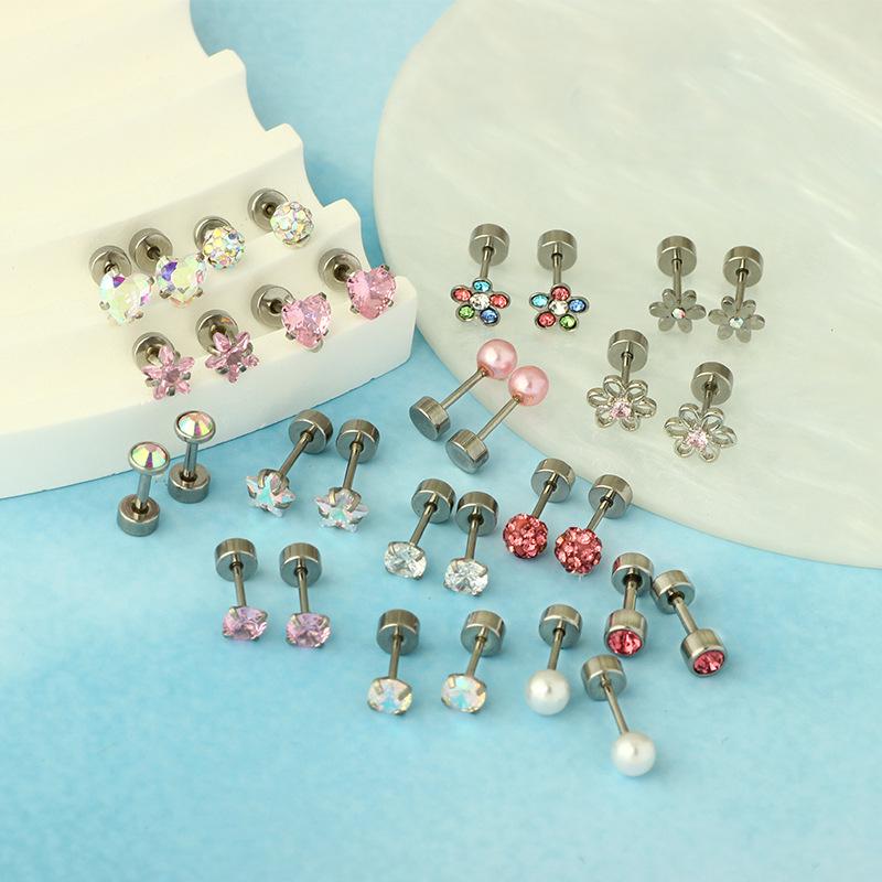 Stainless Steel Floral Screw Stud Earrings for Women - Small Round Disc Design, Thin Needle, Helix Set