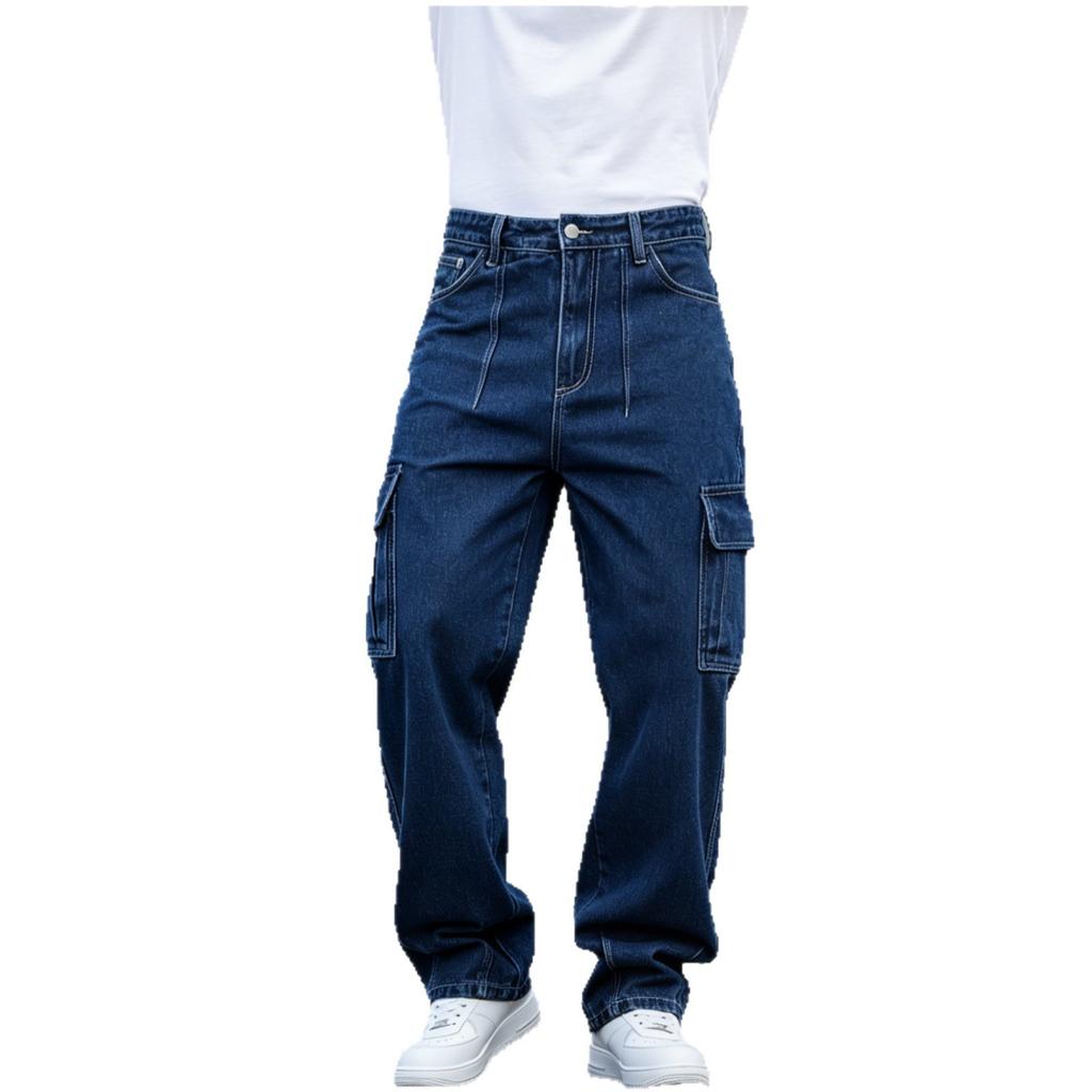 New Men's Dark Blue Tooling Jeans Loose Straight Multi-pocket American Retro Washed Wide-leg Pants
