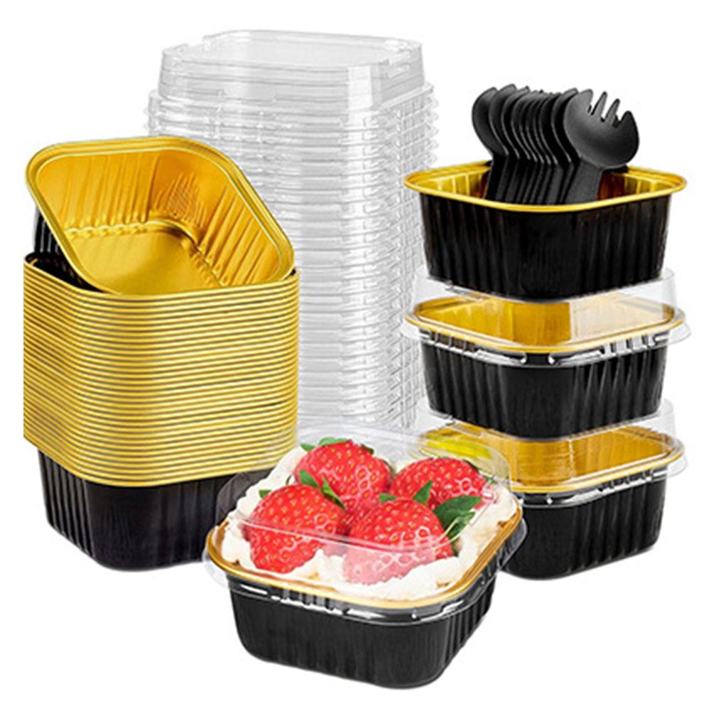 

25Pcs 150ml Square Mini Cake Pans with Lids & Spoons Disposable Cupcake Cups Square Dessert Cups for Muffins Cupcakes Pudding золотой