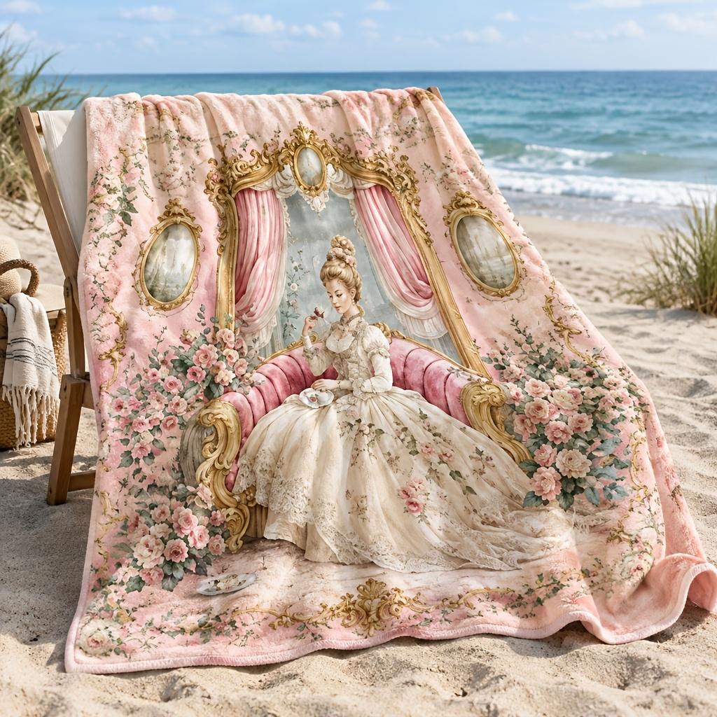 1pc European Court Noblewoman 2D Flat Printing Blanket - Retro Pink And Golden Elegant Floral Design, Soft Warm Nap Blanket, Versatile for Sofa, Offic