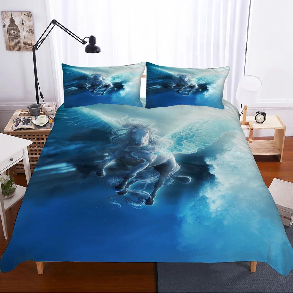 Reactive Printing Blue Sky Unicorn Duvet Cover Set Home Textile Unicorn Bedding Set Cartoon 135x200 Housse De Couette Cute BB580