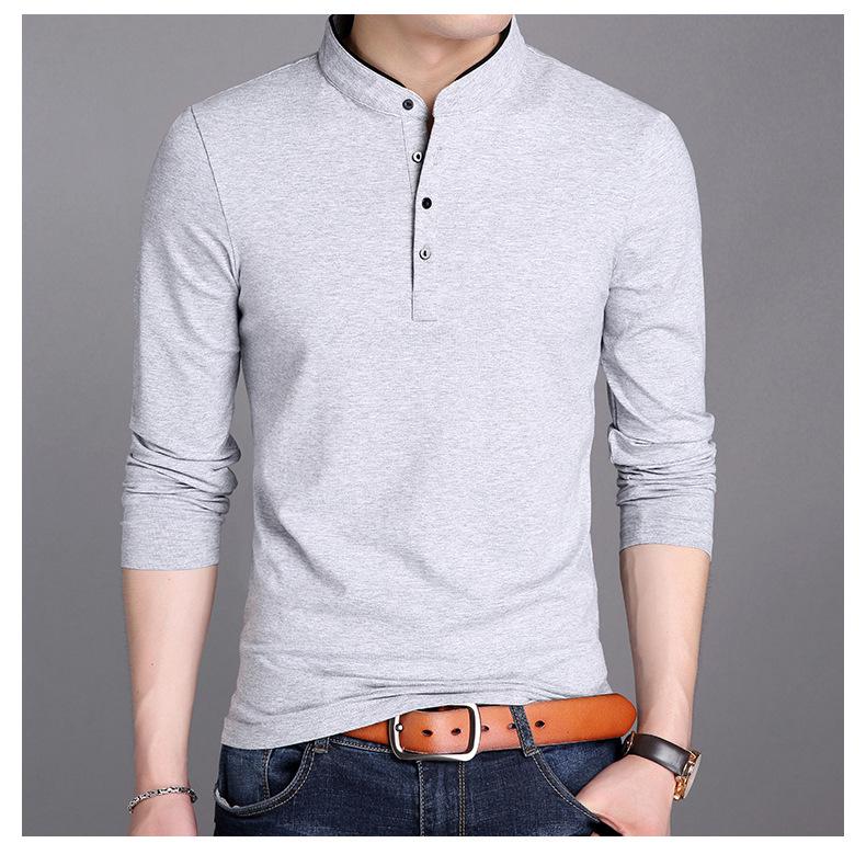 Men's Slim Fit Korean Style Stand-Up Collar Long Sleeve T-Shirt, Solid Color Spring Fashion