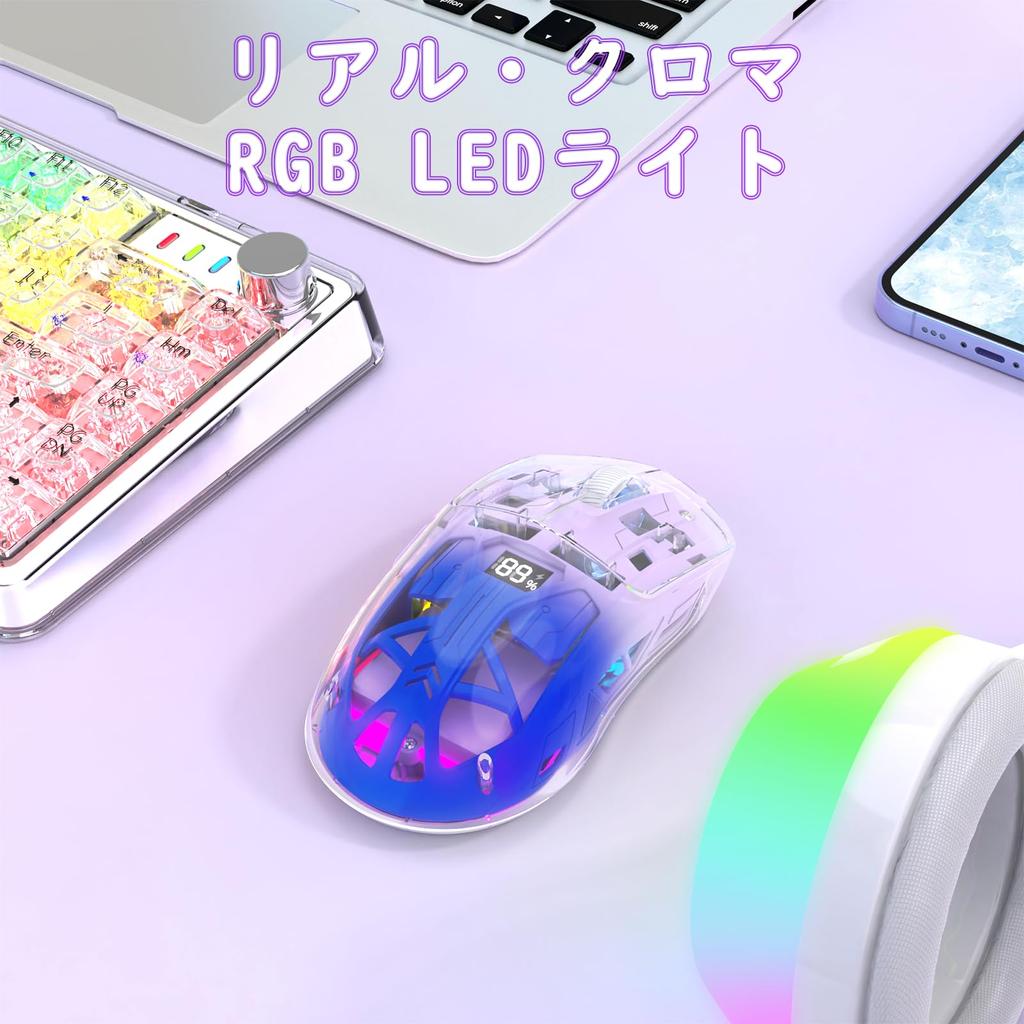FREEWOLF A2 Transparent RGB Wireless Gaming Mouse with Transparent Digital 400mAh Adjustable Battery Levels Purple 2.4G/BT Case, Lightweight,