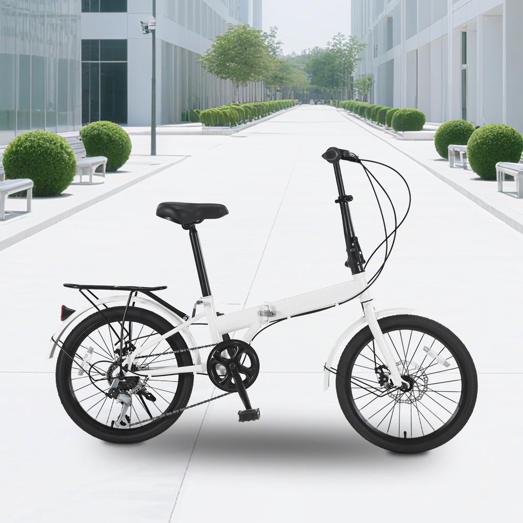 20In White Iron T-shaped 7-speed Seat Height Adjustable Folding Bicycle, City Bicycle with Disc Brake for Traveling & Exercising