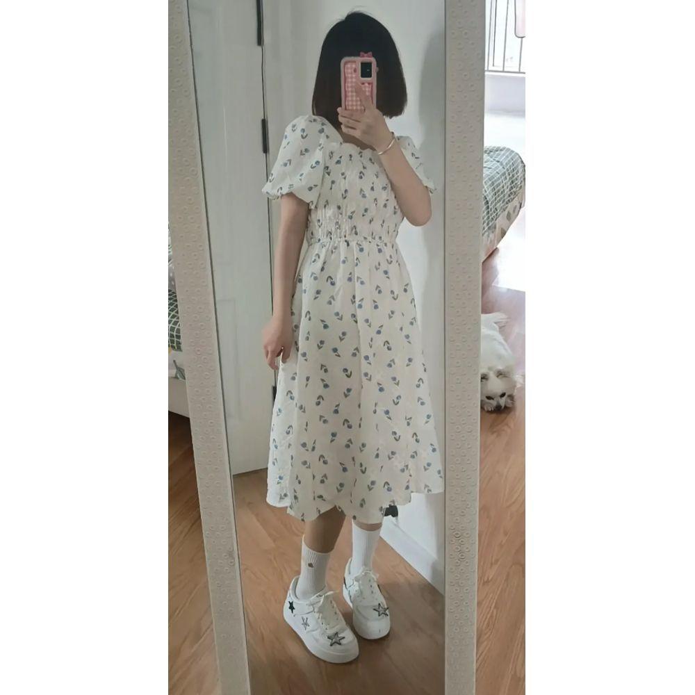 Temperament dopamine sweet wind square neck floral skirt spring and summer new fashion small fresh dress medium and long dress women