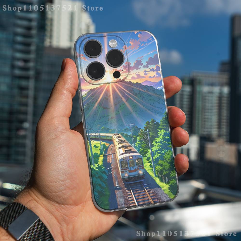 Coque de téléphone Train Fleur de Cerisier Art pour iPhone 17,16,15,14,13,12,11 Pro,Max,Plus,XR,Mini,E Transparente Couverture Complète Souple