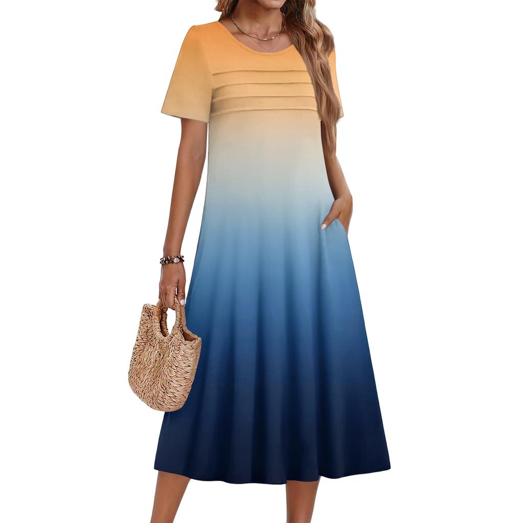 Ladies' Gradient Printed Casual And Fashionable Short Sleeved Round Neck Dress