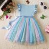 Mädchen Mode Flatterärmel Süßes Farbverlauf Mesh Prinzessinenkleid Kinder Geburtstags Kleider Kleider