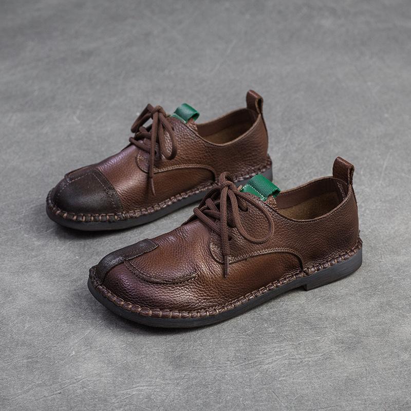 Scarpe Singole Casual Retro da Donna in Pelle a Suola Morbida Primavera e Autunno Vintage Punta Rotonda con Lacci Versatili Confortevoli Scarpe Basse