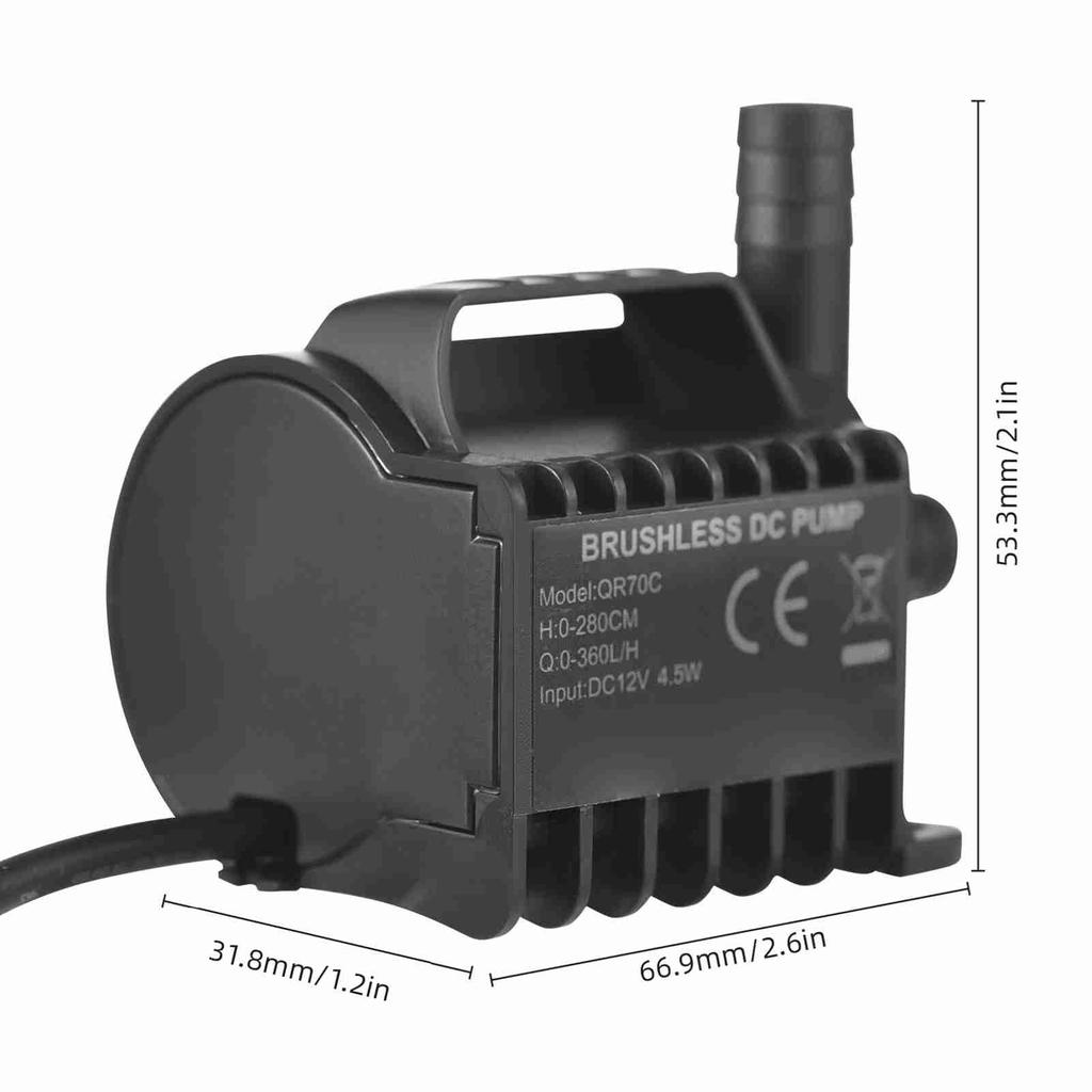 Submersible 12V Water Pump Electric 360L H Small Fountain Pump with Max 9.2ft Lift, 6.5ft DC Female Plug and Suction