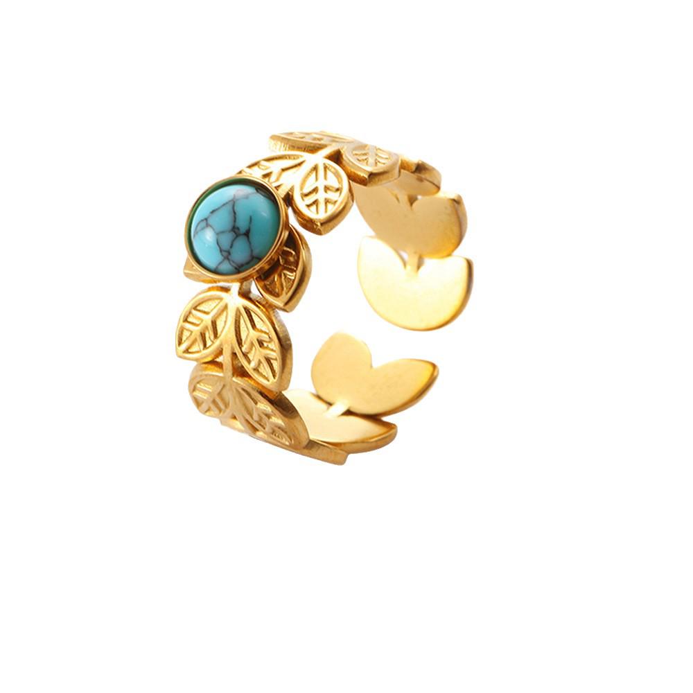Bohemian Style Adjustable Turquoise Leaf Ring - Stainless Titanium Steel, Non-Fading