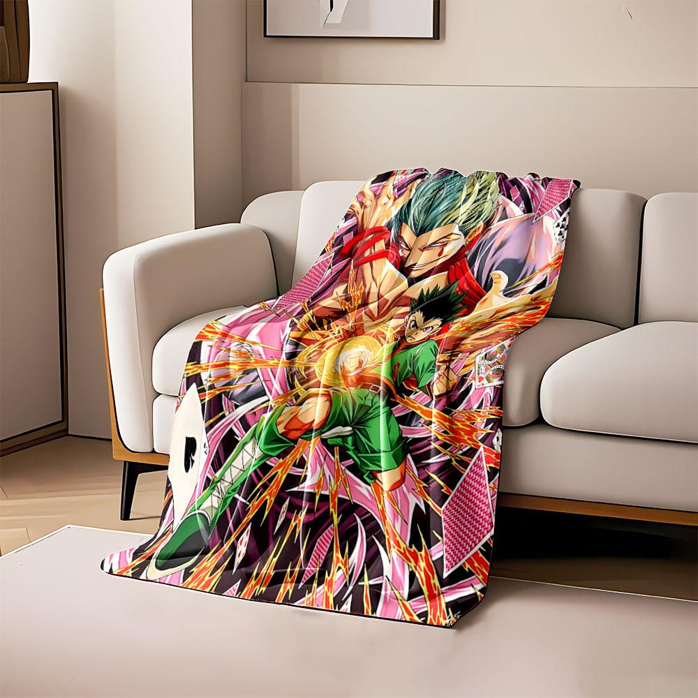 Two characters amidst dynamic energy bursts, surrounded by playing cards. for all seasons blanket lunch break throw gift 80cm x 120cm