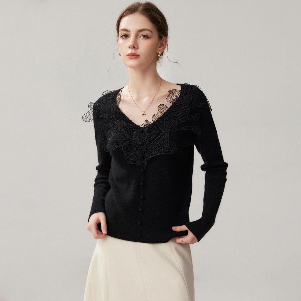 Autumn 2026 Women's Lace V-neck Cashmere Sweater - Elegant Slimming Knitwear