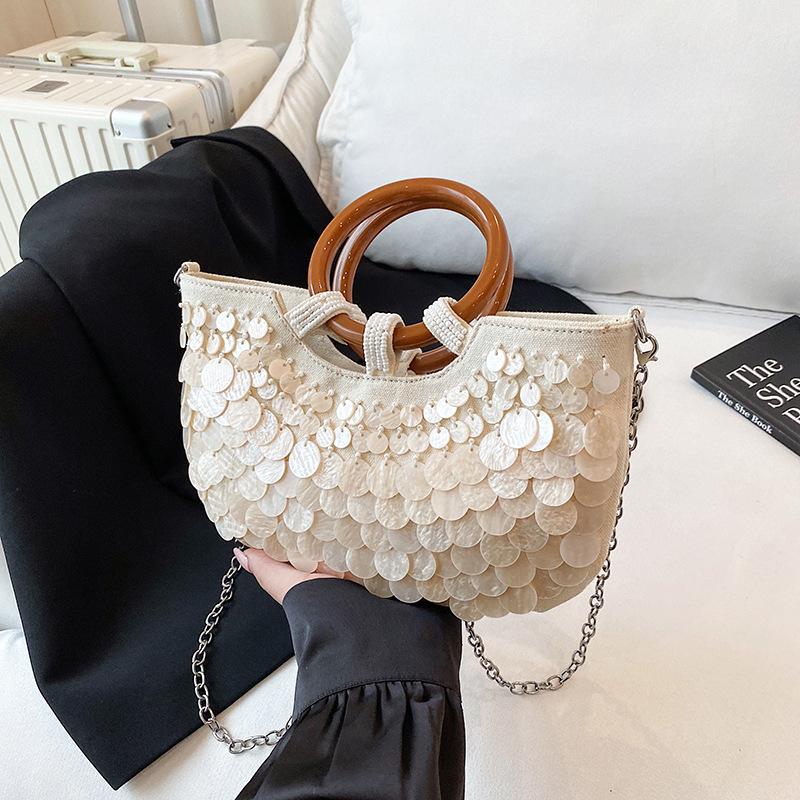

Shell Sequin Handbag Wooden Ring Handle Luxury Handmade Evening Bag Women Elegant Crossbody Purse With Detachable Chain Strap