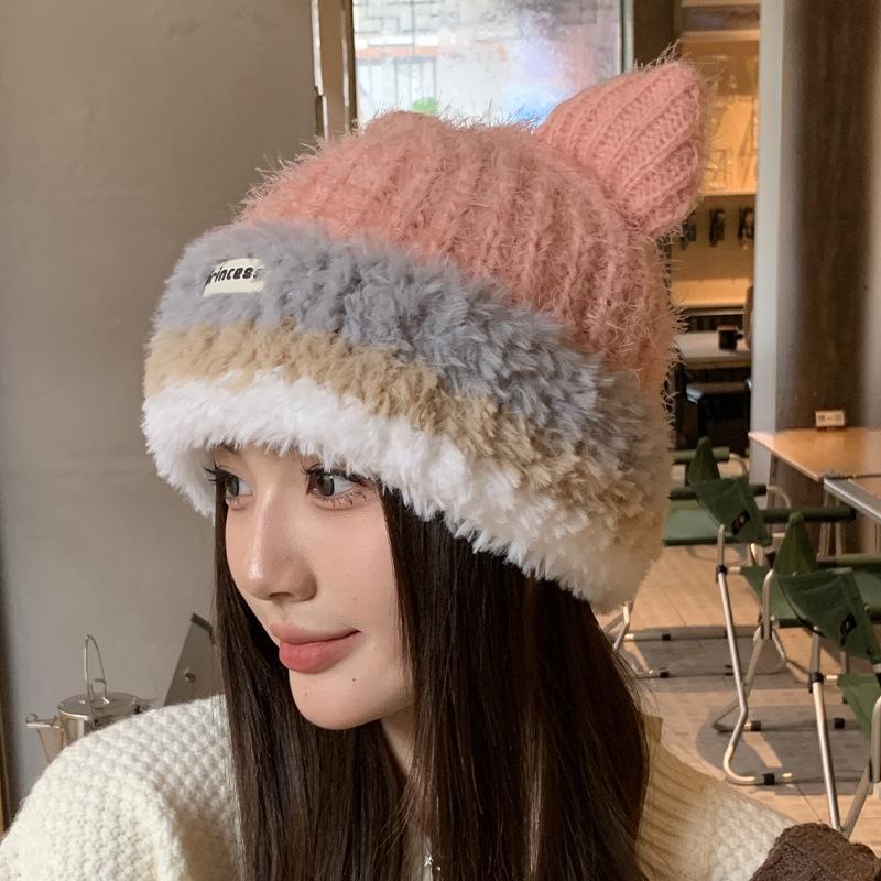 

Autumn and winter new contrasting color plush hat women s warm ear protection hat cute cat ears knitted thickened basin hat 52-56cm рожевий