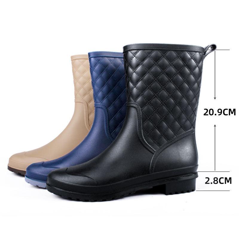 Water shoes, rubber shoes, non-slip medium tube plaid women's fashion rain shoes, warm and wear-resistant casual adult rain boots