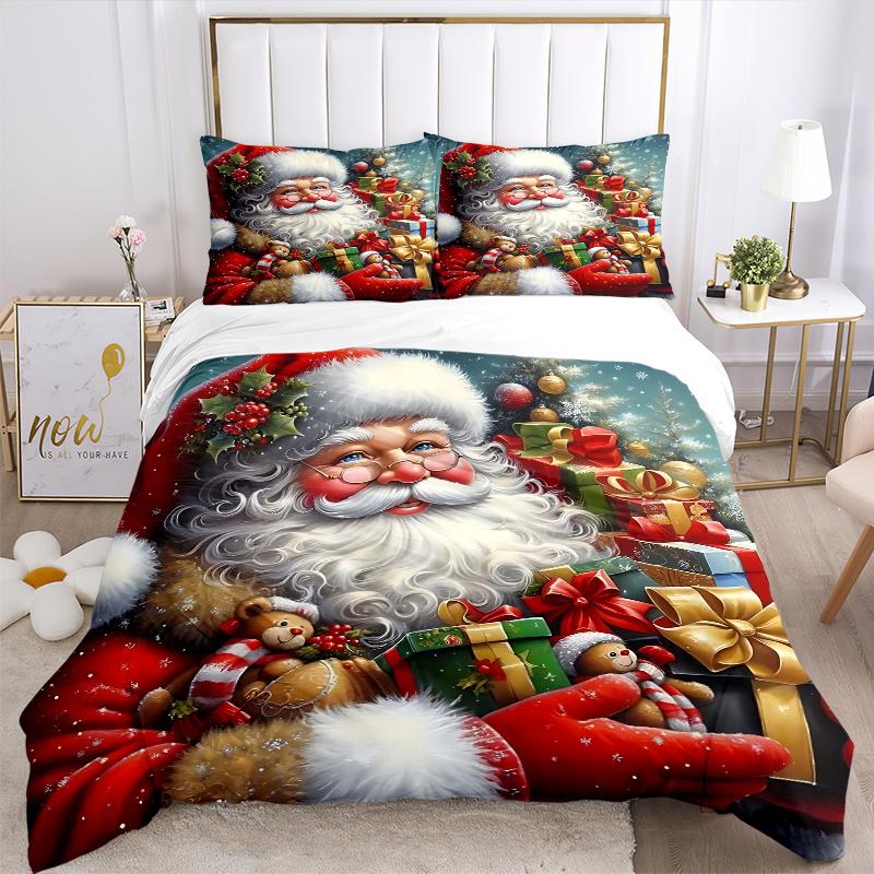3pcs Santa Claus with Christmas Gifts Printed Bedding Set, Soft and Comfortable Quilt Cover for Bedroom, Guest Room (1 Duvet Cover + 2 Pillowcases