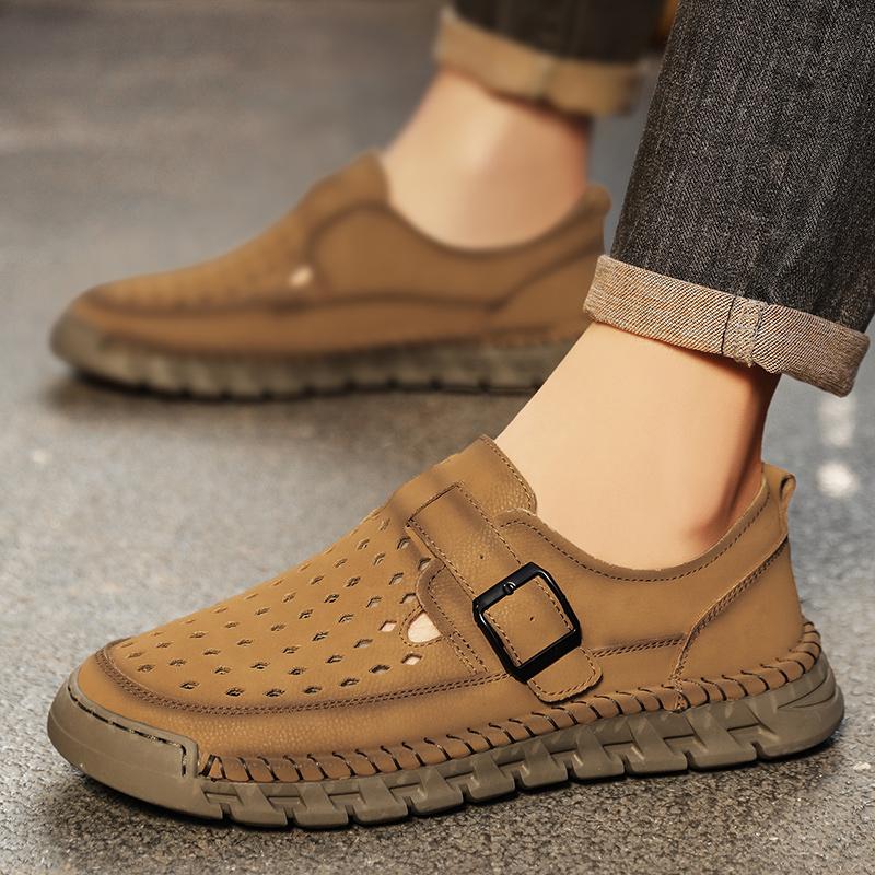 Fashion Summer Men's Perforated Breathable Handmade Stitched Cowhide Soft Sole Single Shoes Fashion Outdoor Men Comfortable Casual Shoes