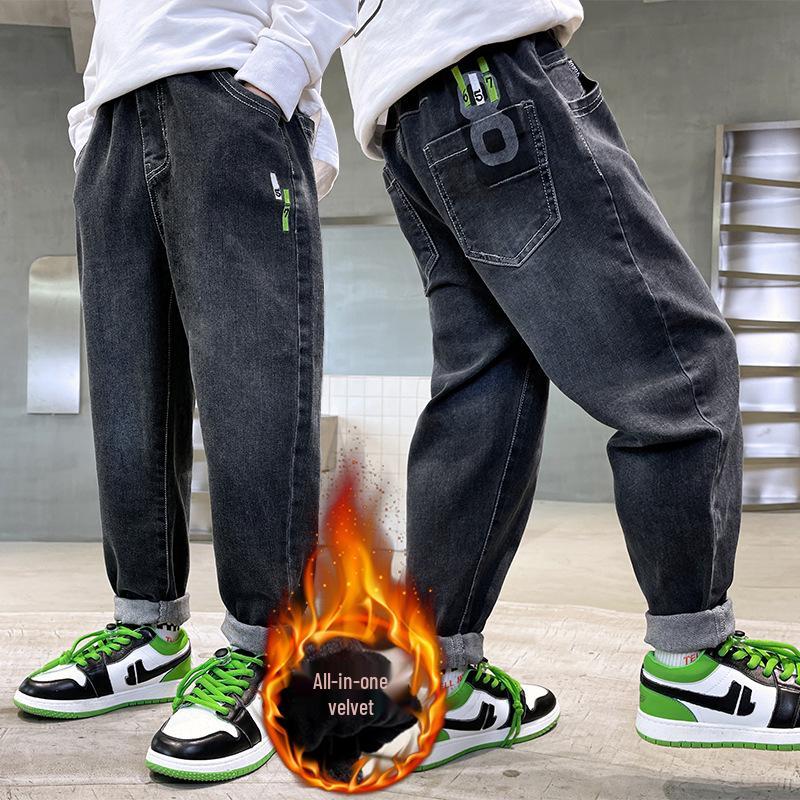 Chlapecké zateplené zimní džíny s fleecovou podšívkou - Teplé bavlněné kalhoty pro střední a velké děti (Kolekce 2025)