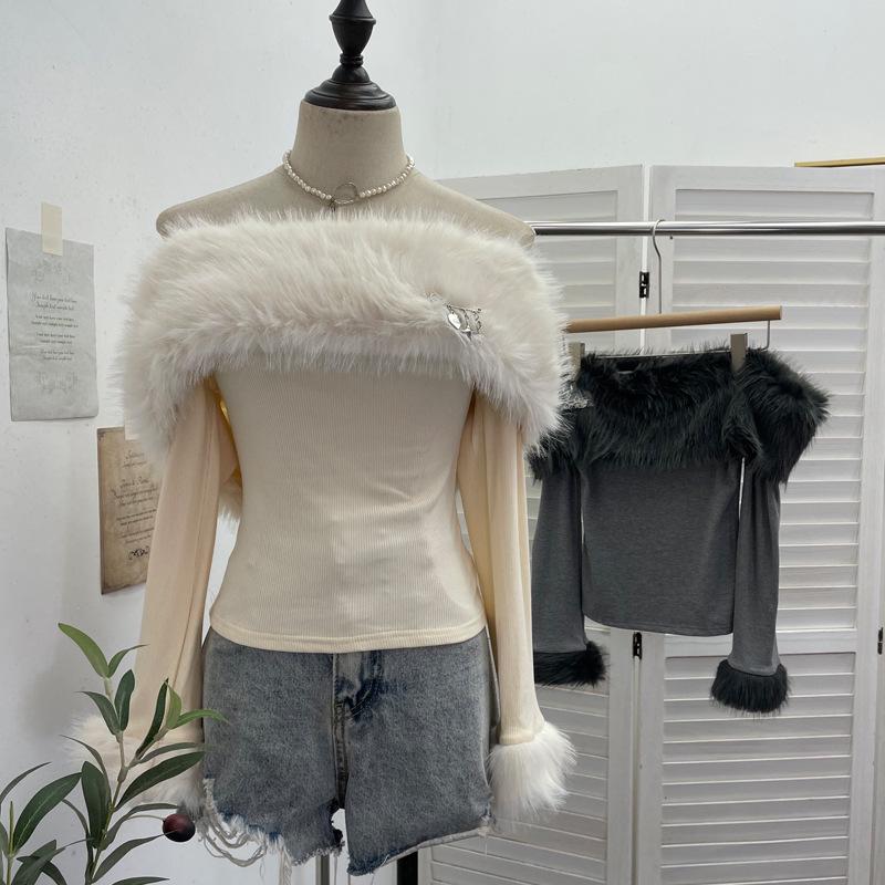 Chic One-Shoulder Fur Patchwork Long-Sleeve Top 1382