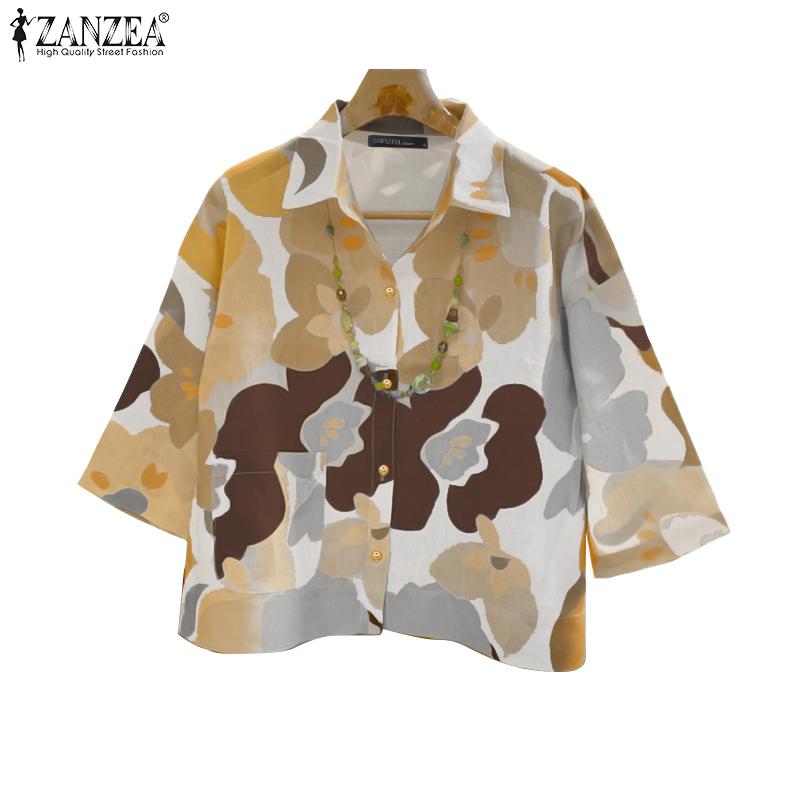 ZANZEA Damen Lässig Umlegekragen 3/4 Ärmel Locker Geblümte Bluse