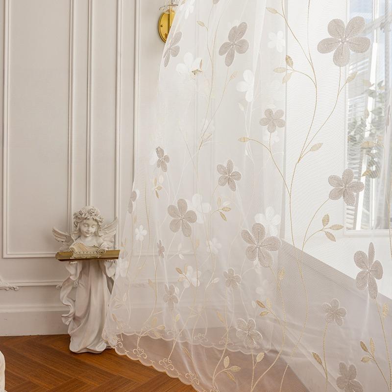 Embroidered Relief European American Flower Pattern Curtains, Transparent Rod Pockets for Seasonal Decoration, Reference Bedroom, Living Room