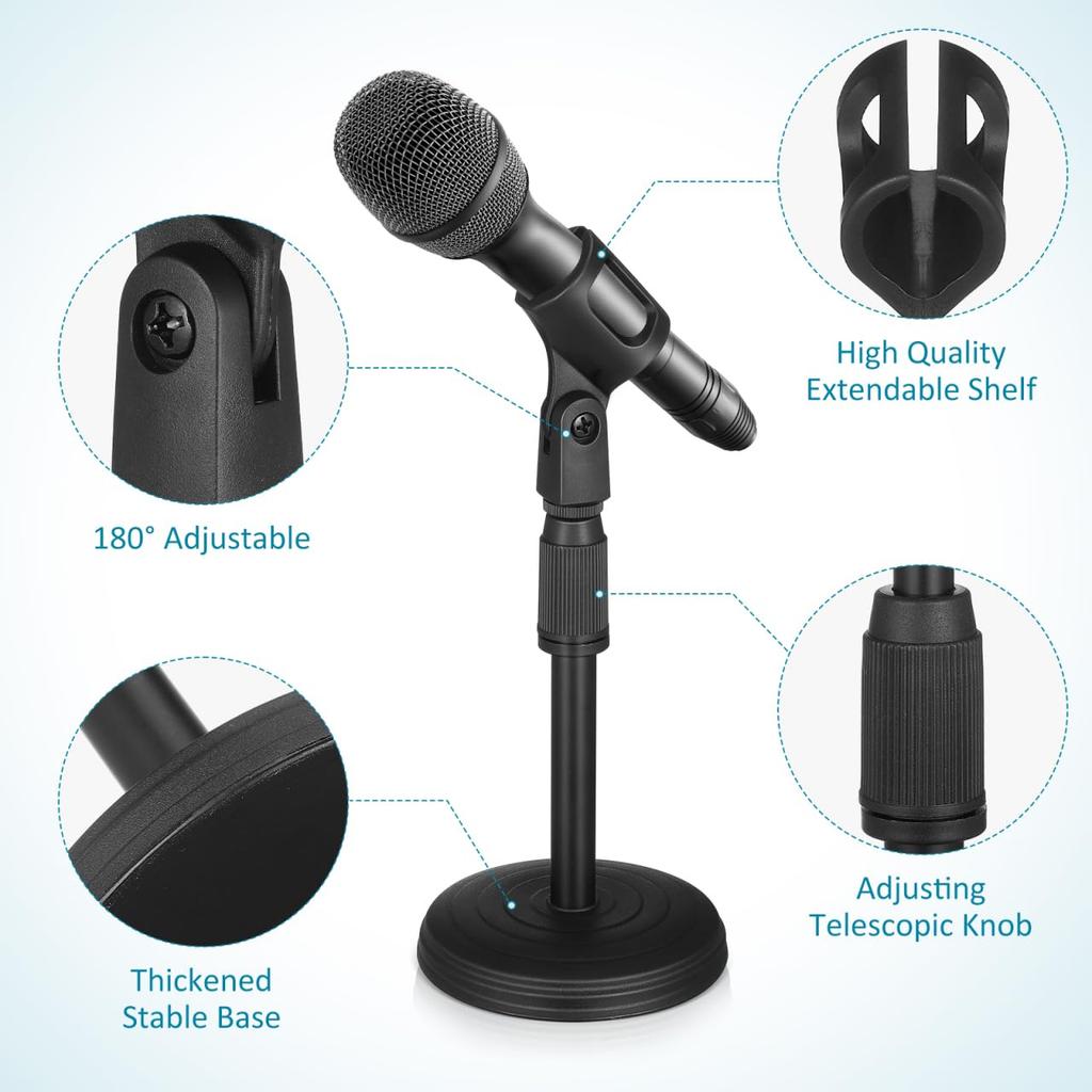 KALLORY Microphone Stand Desktop Round Base Adjustable Height 26-36cm Microphone Clip Included Lightweight Space-Saving Black