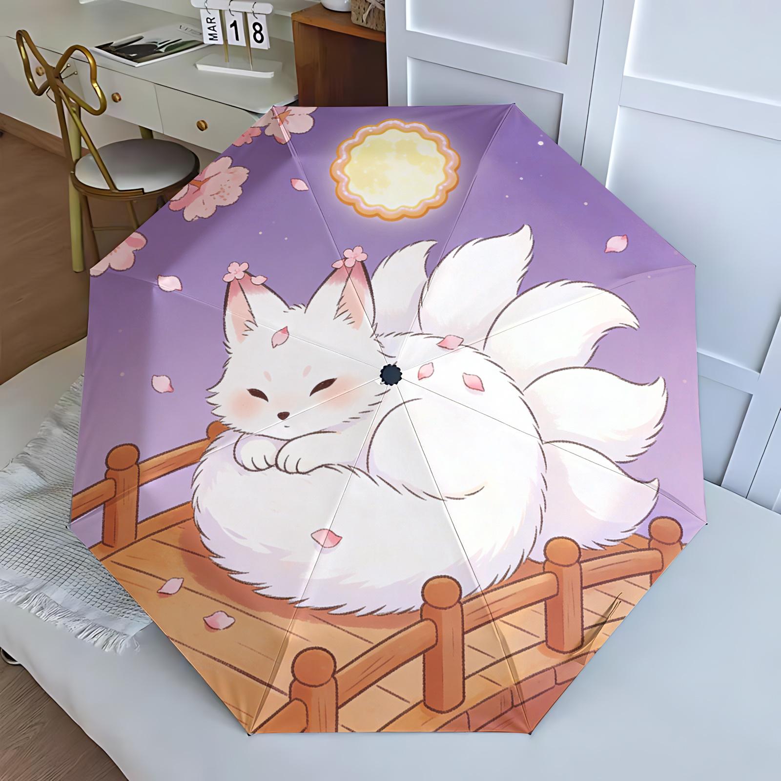 

1- Umbrella with Nine-Tail Fox Anime Design - Automatic Open/Close, Folding Umbrella, Cute White Fox & Night Scene - Lightweig (as the picture,Iron&8K)