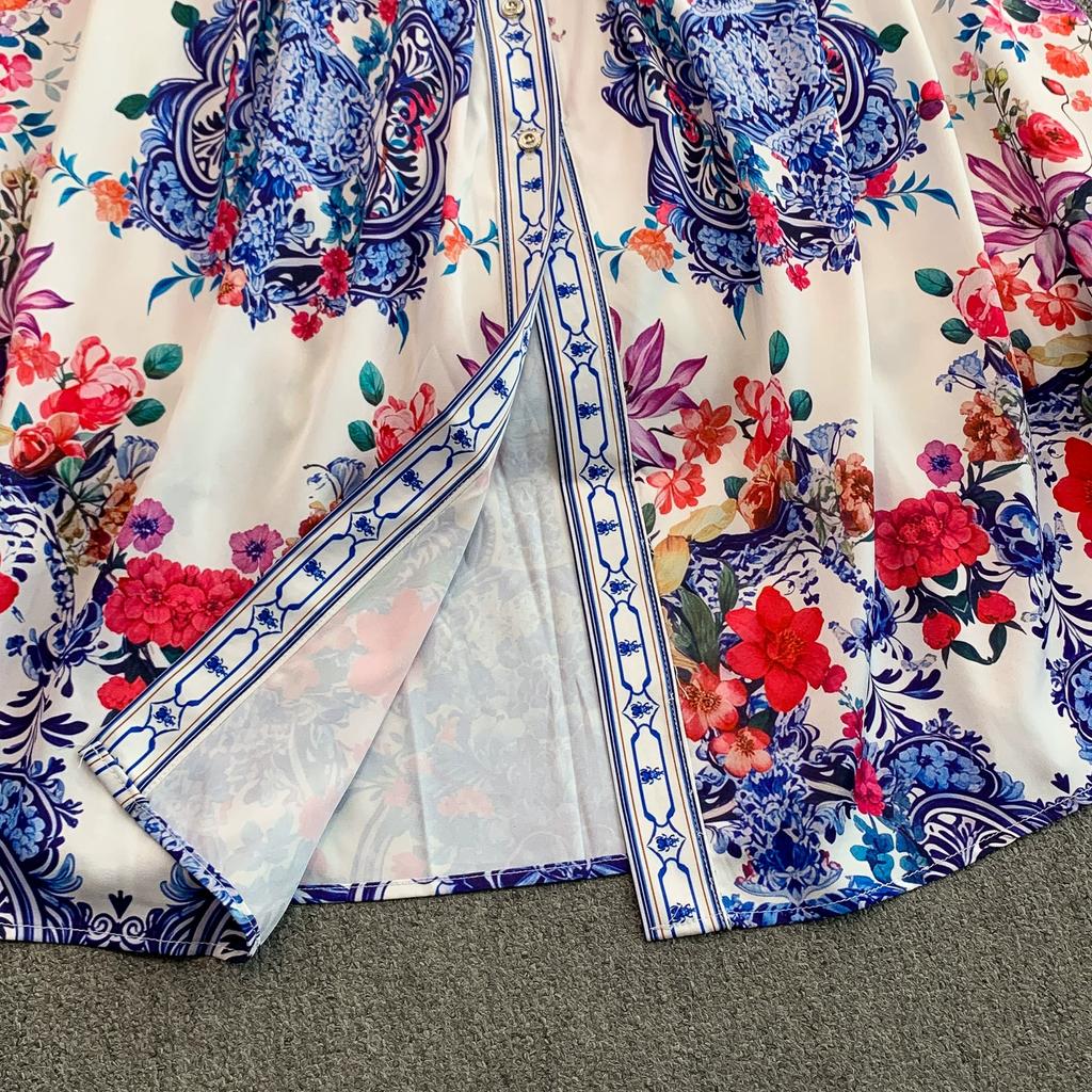 Frühling Herbst Damen Vintage Print Designer Laufstegkleid Übergroß Locker Einreihig Lang Maxi Partykleid für Abschlussfeier