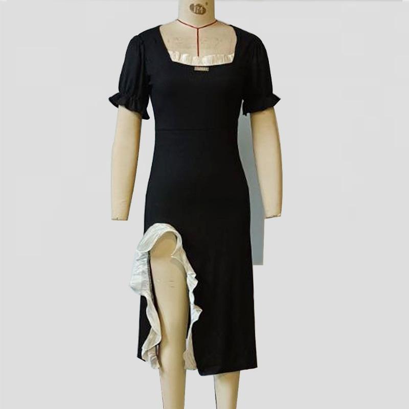 Women's Temperament Retro Design Slit Thin Irregular Color Patchwork Square Collar Dress