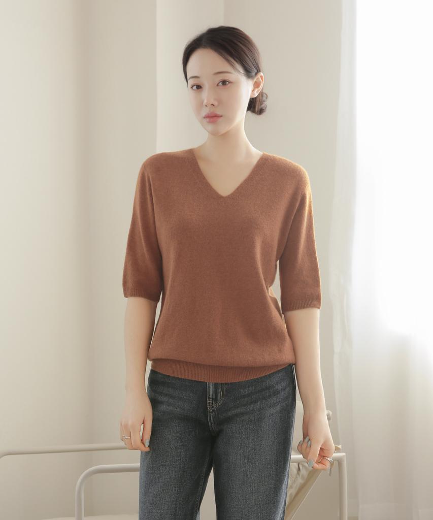 Keulleiseu 100% Wool V-Neck 3/4 Sleeve Knit_Camel