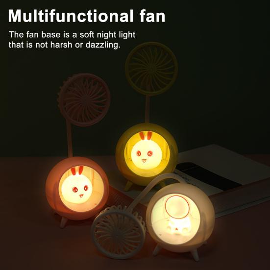 Desk Lamp Small Fan with Adjustable Bendable Pole Stable Base Quiet Motor Cartoon Chick Rabbit Design Dorm Room Fan Light