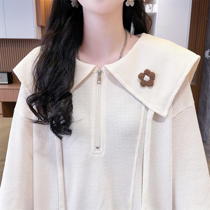 Frühling Neuer Damen Waffel Marine Kragen Dünner Langarmpullover