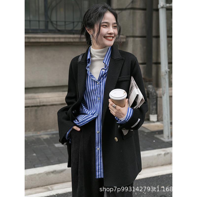 

Double-sided woolen coat women s medium and long classic double-breasted wool suit winter woolen jacket S чорний